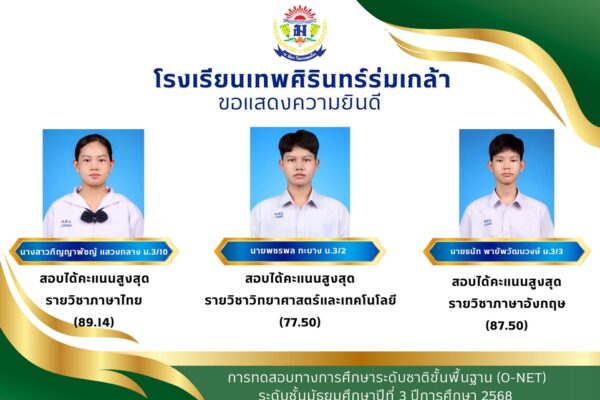 แสดงความยินดีกับนักเรียน การทดสอบทางการศึกษาระดับชาติขั้นพื้นฐาน (O-Net)